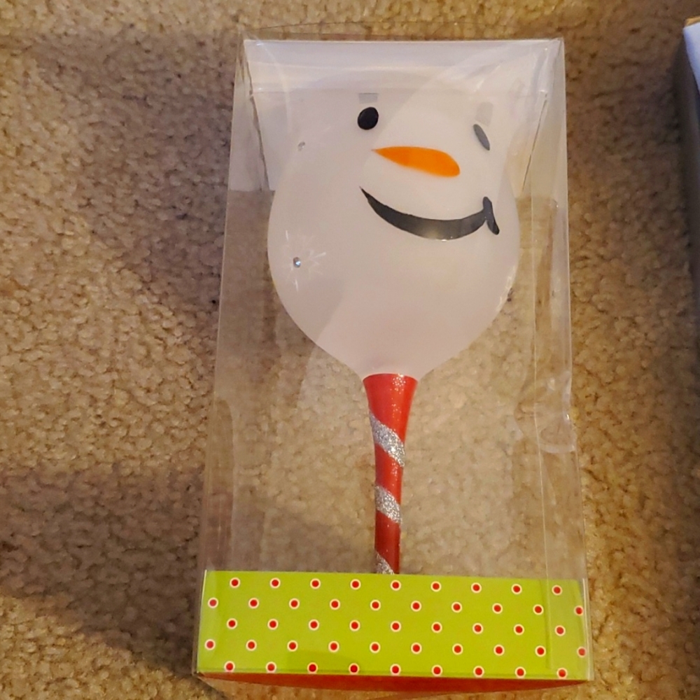 Hand painted Snowman face wine glass.